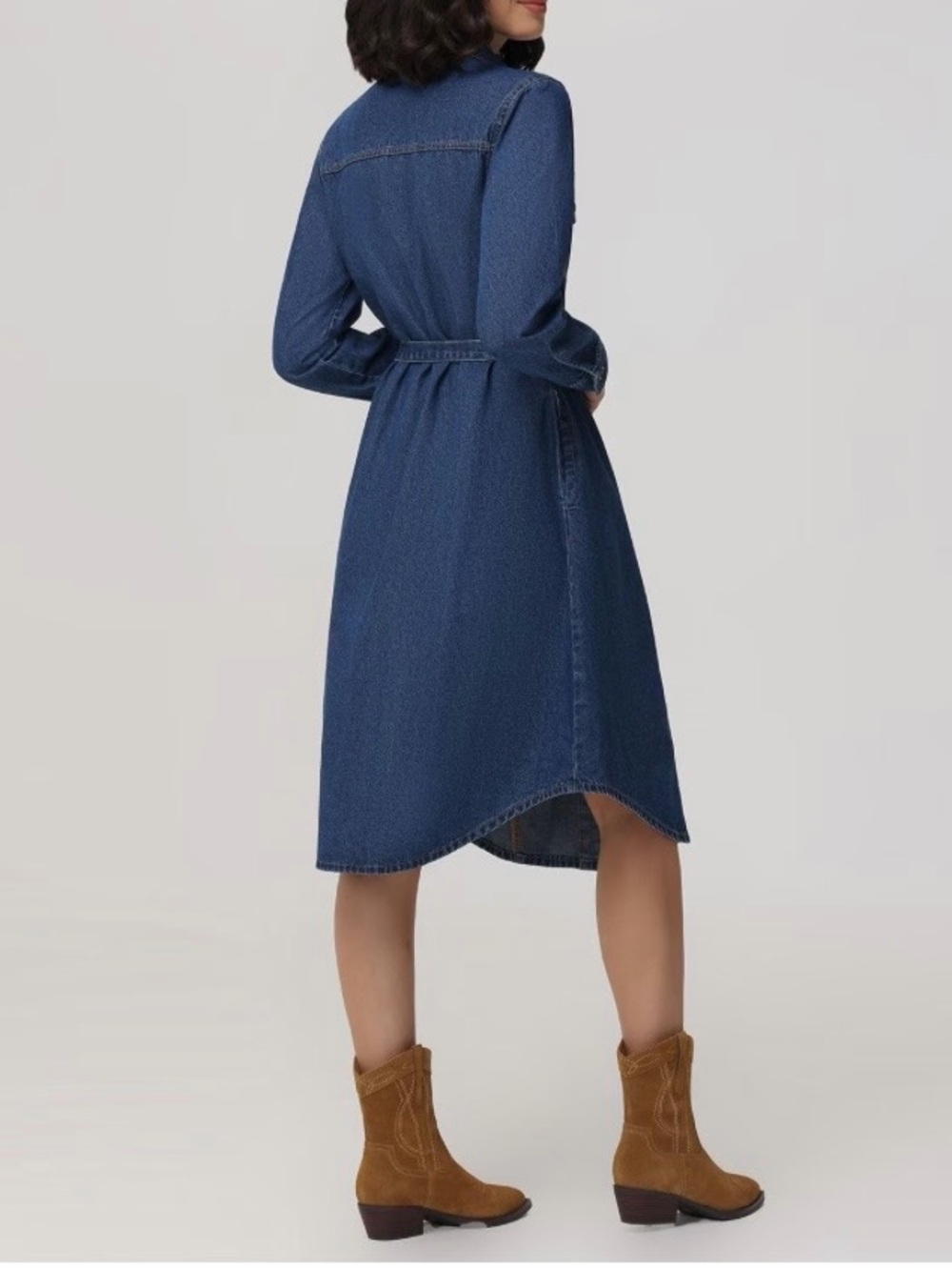 #582 Frye Blue Denim Button-Front Shirt Dress with Waist Tie - Picture 3 of 12